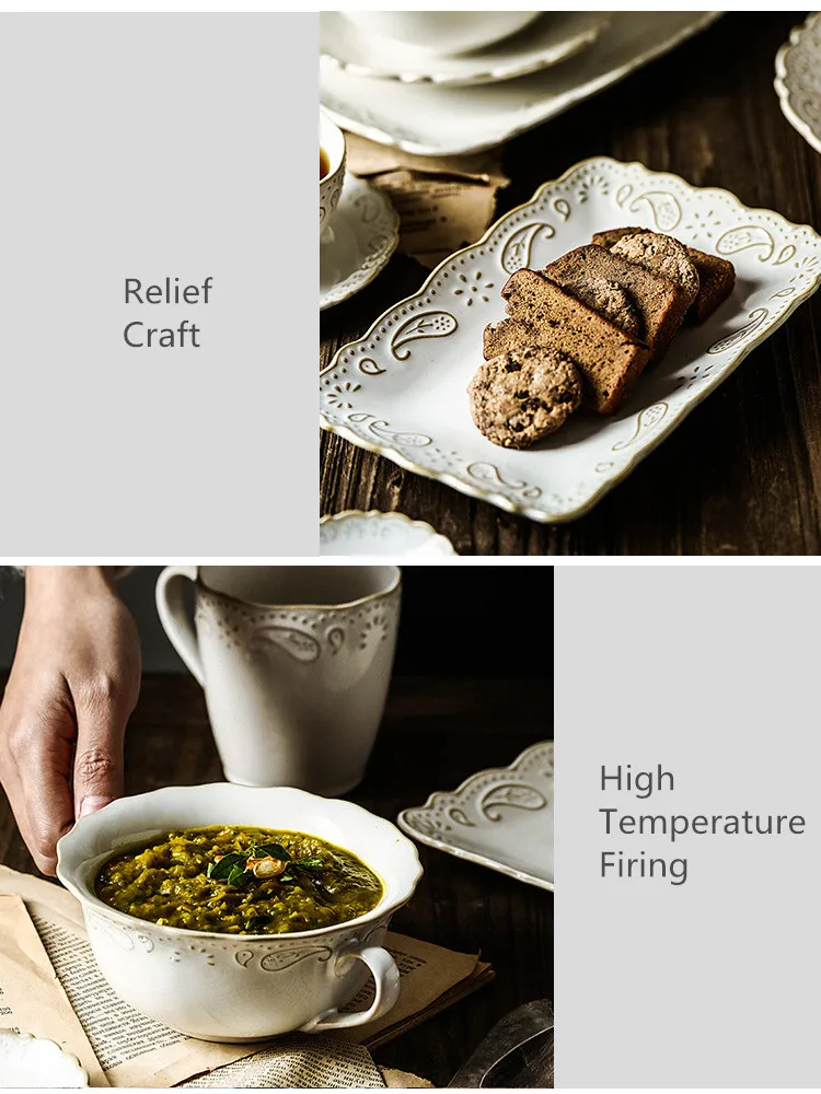 Античный рельефный керамический набор тарелок, фарфоровый основной поднос, десерт, салат, посуда для ресторана, дома, кафе