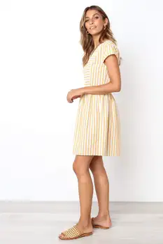 

2019 Europe And America Summer New Style Short Sleeve V-neck Stripes Joint Loose-Fit Dress Women's