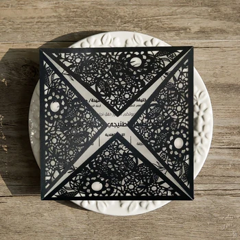 

50 Sets Design Rustic Laser Cut Black Wedding Invitations with Envelopes and Seal Lace Personalized Blank Inside Cards Party Bir