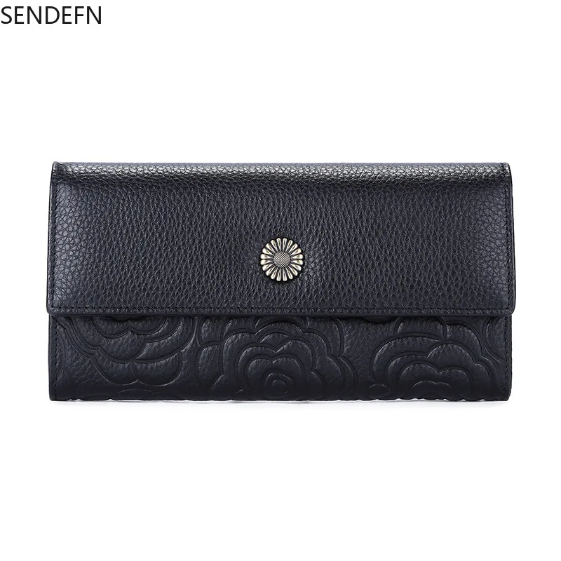 

SENDEFN New Genuine Leather Designer Embossing Wallets Women Wallet Fashion Money bag Luxury Long Purs