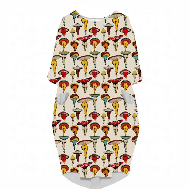 LIASOSO Plant Mushroom Print Sundress Lady Street Interesting Fashion Trend Wild Loose Long Sleeve Over The Knee Dress Women Y2K