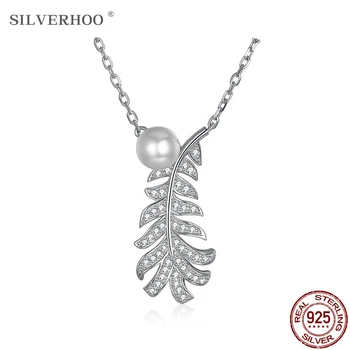 

SILVERHOO 925 Sterling Silver Crystal Pearl Pendant Necklaces For Women Plant Leaves Necklace Party Personality Fine Jewelry