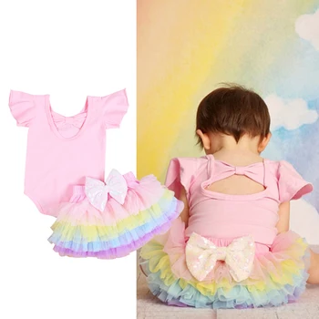 

0-24M Baby Summer Clothing Infant Newborn Baby Girl Ruffled Bow Back Hollow Bodysuit Rainbow Shorts Outfit Set 2020