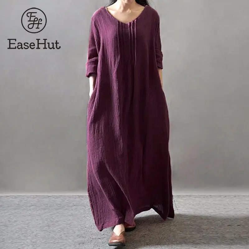 

EaseHut Women Vintage Solid Dress Autumn Long Dress V Neck Long Sleeve Cotton Retro Maxi Dresses Plus Size 5XL Robe vestidos