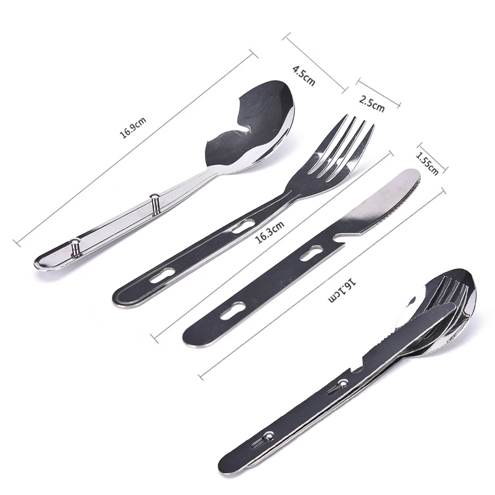 1 Set Portable Outdoor Camping Survival Set Picnic Tableware Stainless Steel Fork And Spoon Tab With Bag 3 In 1