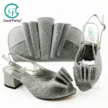 

Fashion silver Color African Women Matching Shoes and Bag Set Decorated with Rhinestone Italian design Ladies Shoe and Bag