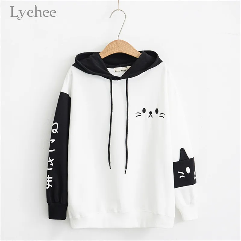 Lychee, Harajuku, с вышитыми буквами, лоскутные женские толстовки с капюшоном, хлопковые милые женские пуловеры, весна-осень, женские топы