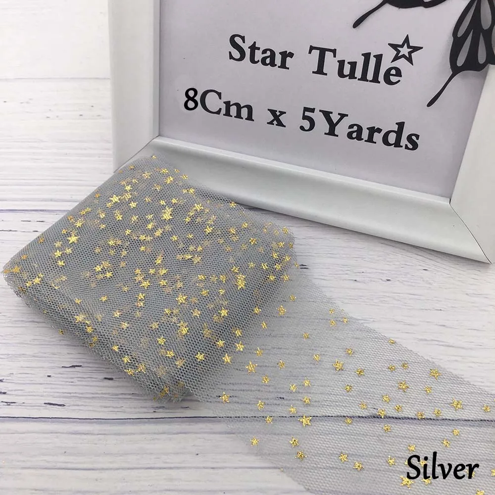 8CM SILVER 8 см 5 ярдов блестящая Звезда тюль рулон мягкие блестки Сетка на катушке Золотой Серебряный звезда Тюль сетчатая лента DIY ремесло день рождения поставки - Цвет: 8CM SILVER