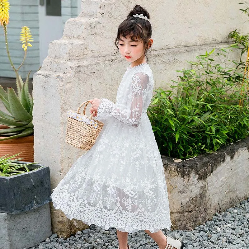 long sleeve dress Подростковое платье с фатиновой юбкой для девочек на свадебную вечеринку кружевная Цветочная вышивка длинное платье для детский праздничный костюм белого цвета платья с длинным рукавом Одежда для маленьких девочек - Цвет: long sleeve dress