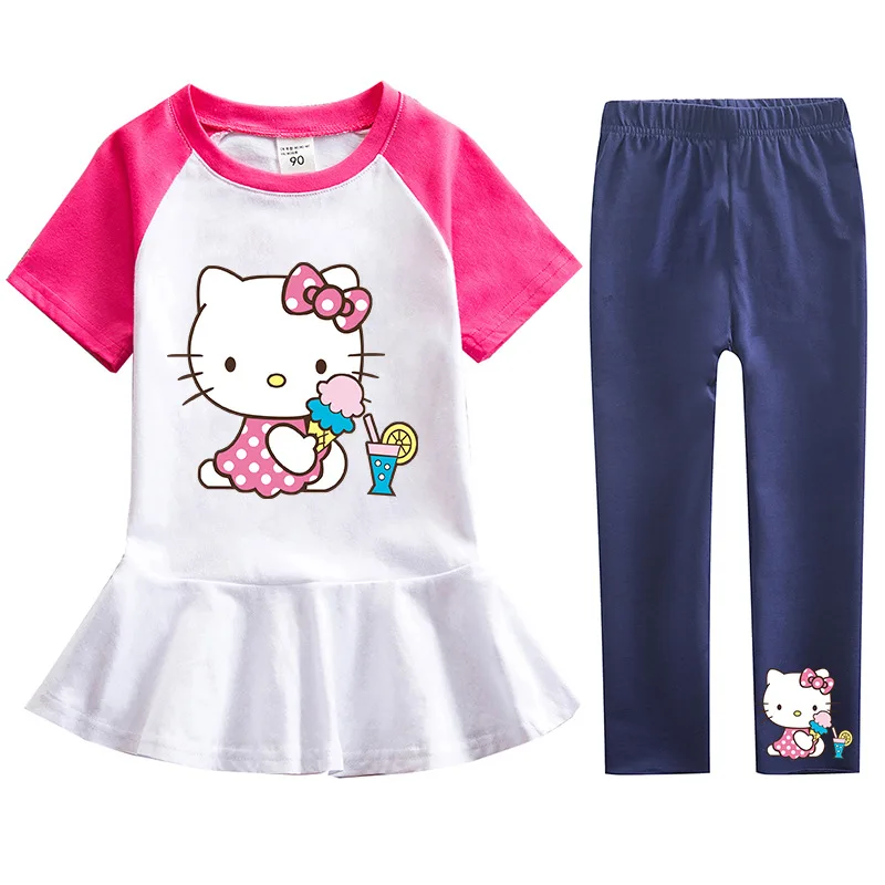 thumbnail image 1 of Ropa para niños de Hello Kitty, vestido de manga corta de algodón, pantalones, traje para niñas, falda de princesa de dibujos animados a la moda + Pantalones de dos piezas, 1 of 5