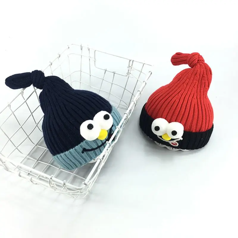 Korean Kids Toddler Knitted Hat Cartoon Big Eyes Contrast Color Kawaii Embroidery Baby Knotted Top Cuffed Beanie Cap 3-1