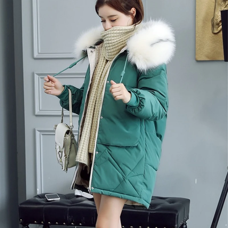 Новинка, зимний теплый пуховик, хлопковая куртка для женщин, Корейская длинная Повседневная хлопковая куртка, плюс размер, Женская парка с капюшоном и меховым воротником, F997 - Цвет: Green