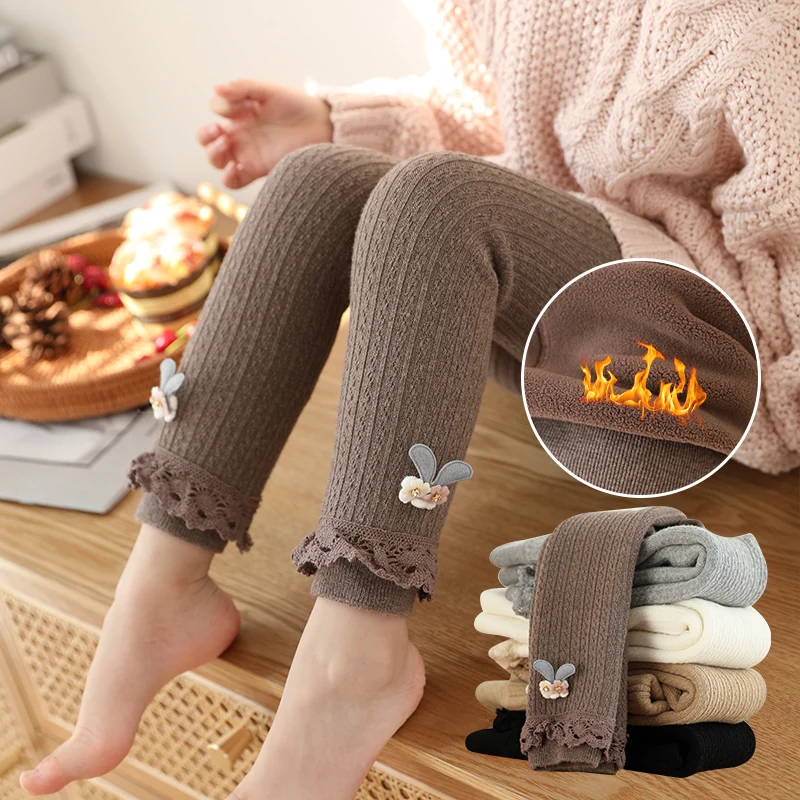 

Toddler infant Open file winter plus velvet thick pants warm cotton lace rabbit baby child trousers Fleece Lining Girls leggings