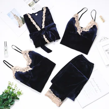 

4 Pcs Sleepwear Women Set Velvet Pajamas Bathrobe Solid Cardigan Wear A Belt Robe Sets Comfortable and Warm Homewear Autumn