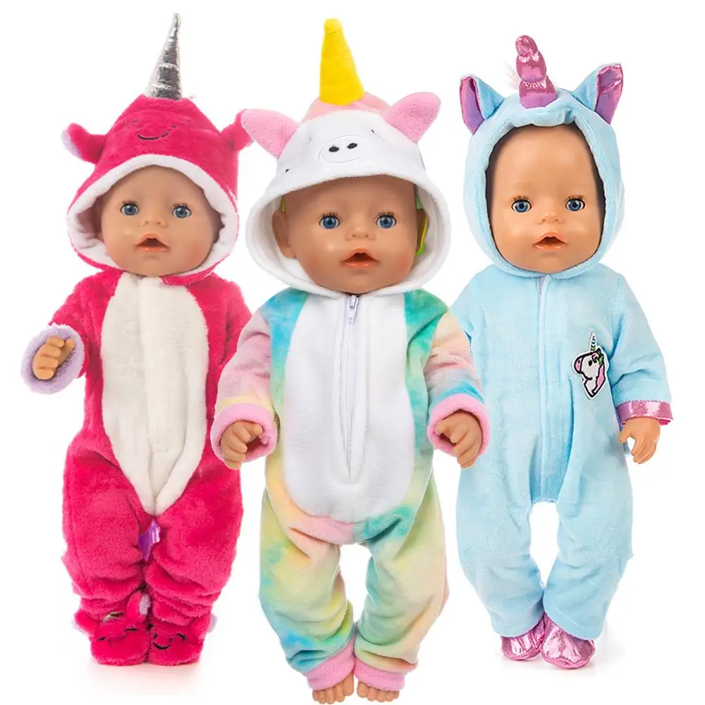 

2020 New Baby New Born Fit 18 inch Doll Clothes Accessories Pink Purple Blue Unicorn Clothes Suit For Baby Birthday Gift