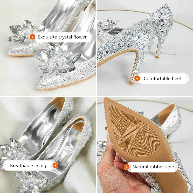 Cinderella Gold Crystal Wedding Shoes 2023 Leather 8 cm Stiletto Heels  Pointed Toe Pumps