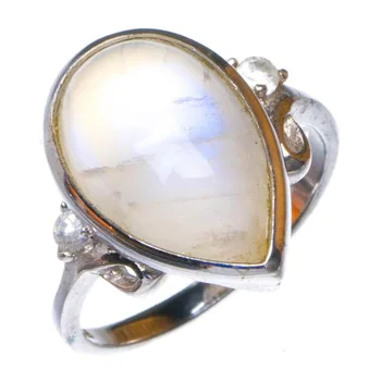 

Natural Rainbow Moonstone And Zircon Handmade 925 Sterling Silver Ring 7.5 D1140
