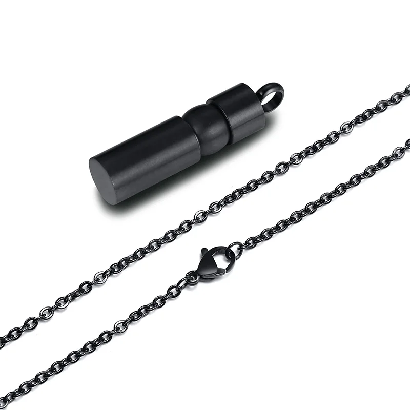 CYLINDRICAL URN MEN NECKLACE FOR ASHES STAINLESS STEEL BLACK CYLINDER-SHAPED PENDANT MEMORIAL JEWELRY