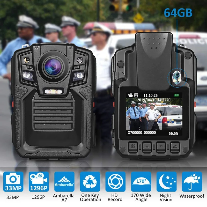 HD 1296P A7 64GB Wide Angle Ultra Police Security Body Worn Camera Infrared IR Recorder