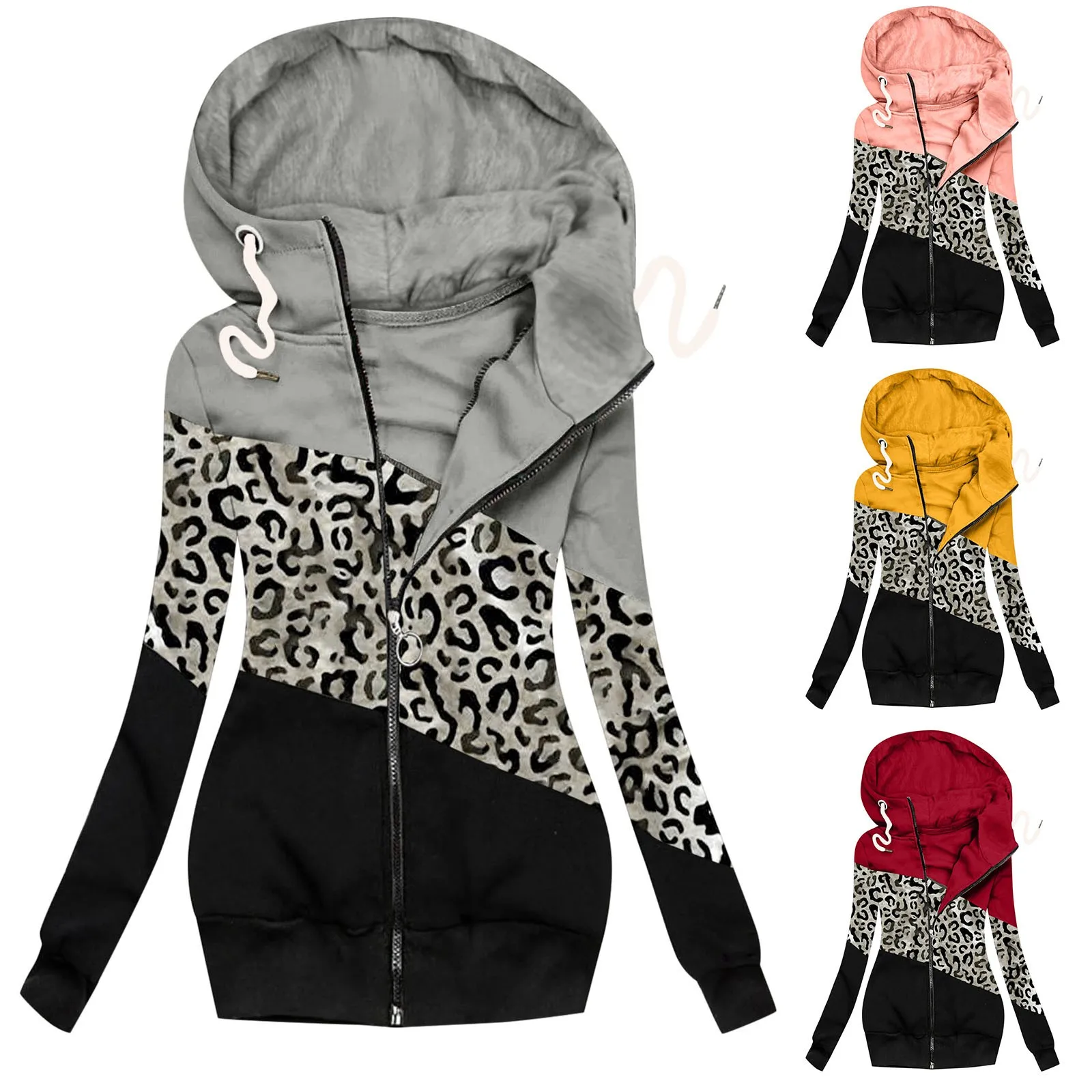 Chaqueta de invierno con estampado de leopardo para mujer, sudadera de manga larga con cremallera, gruesa y cálida