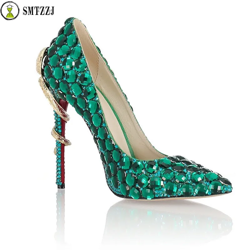 Роскошные Дизайнерские зеленые туфли-лодочки со стразами; Брендовые женские Элегантные классические туфли-лодочки с украшением в виде кристаллов на высоком тонком каблуке