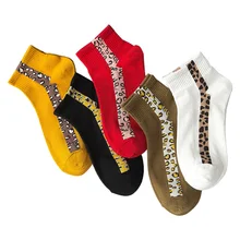 5 пар/партия, модные женские носки с леопардовым принтом, сетчатые красные женские гольфы, хлопковые теплые носки в стиле ретро на осень и зиму