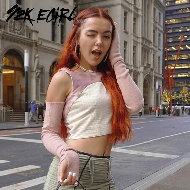 

Y2K EGIRL Sweet Patchwork Tie Die Open Shoulder Cropped Tops with Sleeve Vintage 90s O-neck Ribbed T-shirts Party Wear Autumn