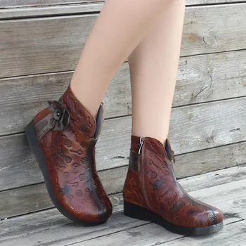 

2019 autumn winter woman ankle boot flat bottom zipper retro flower national women's boots personality women's shoes