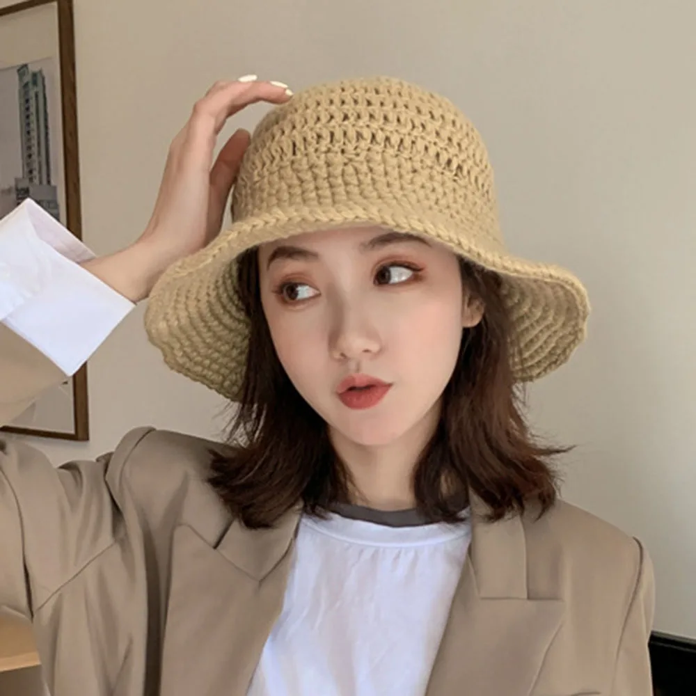 Women Fisherman Hat Hand-knitted Warm Knit Bucket Hats Autumn Japanese Flowers Hollow Out Chic Korean Fashion Outdoor Girl