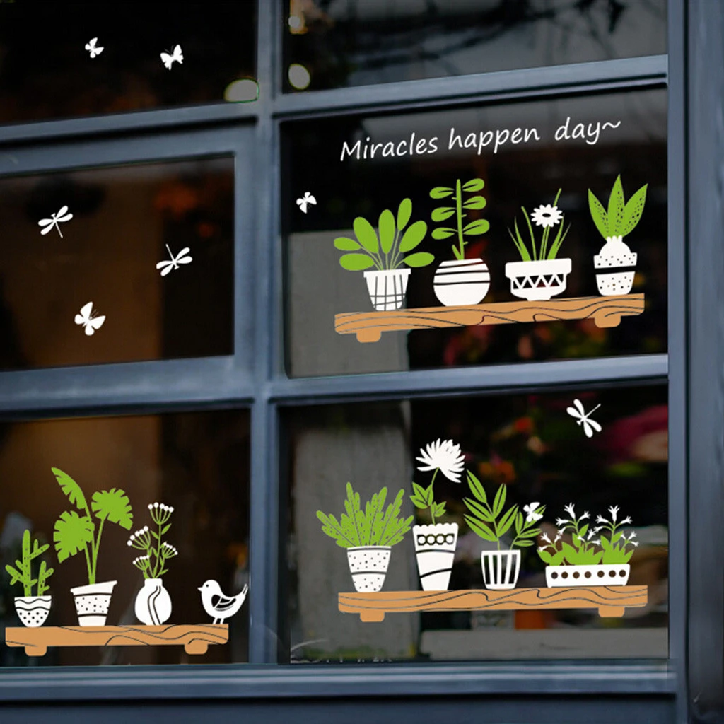 Plant Potted Shop Glass Door Cafe Decoration Wall Stickers Creative Comfortable Warmth Quality Fashion elegant 