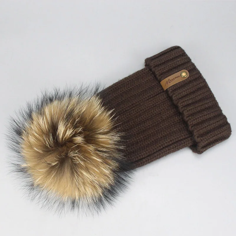 Parent-child Real Fur Pompon Skullies Beanie Hat Winter Knitted Warm Thick Beanies For Women And Child Solid Crochet Slouch Caps - Цвет: R
