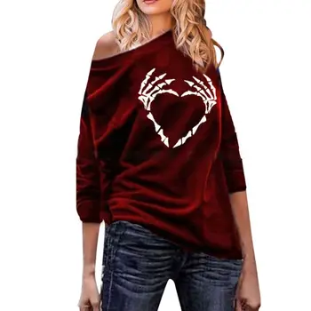 

Women Tops Skull Hand Print Heart Shape Off Shoulder Long Sleeve Round Neck Casual Blouses Lady Loose Fit Pullover Shirts
