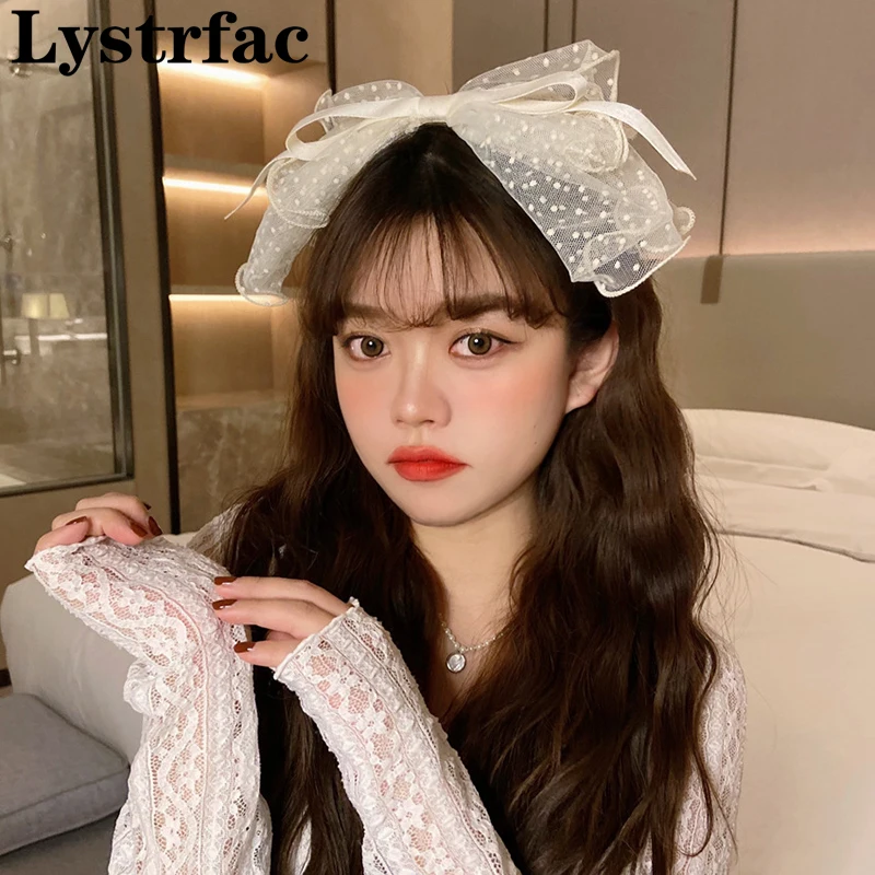 Lystrfac Korean Fairy Polka Dot Mesh Bow Hairband for Women Bridal Headband Headdress Romantic Women Wedding Hair Accessories