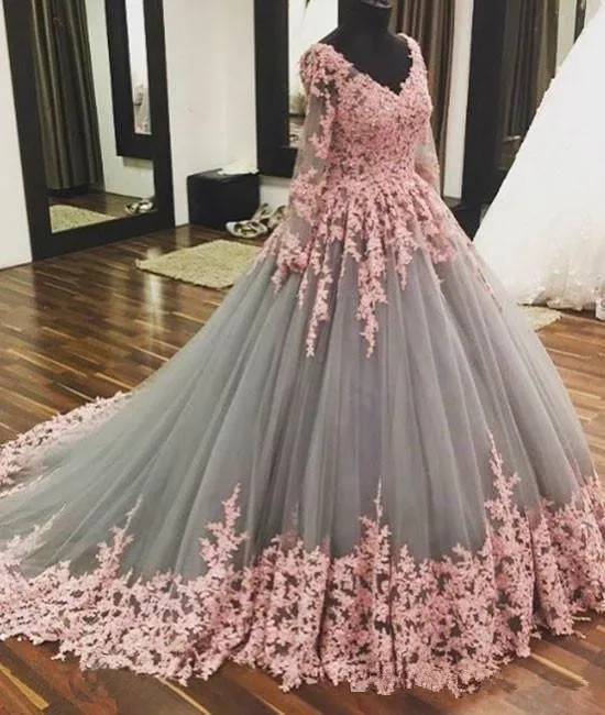 Vestido Do Festa сексуальный v-образный вырез длинный рукав розовый кружева аппликация Серый Тюль бальные платья для выпускного платья с длинными рукавами Вечерние платья