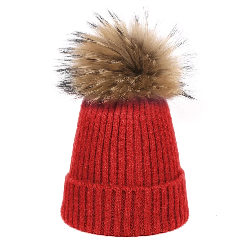 Knitted Pompom Skullies Beanies Hat Scarf Set For Children Winter Wool Real Fur Pompon Warm Cotton Hat Outdoor Hat and Scarf Set - Цвет: Y