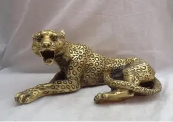 

12" Folk Chinese Brass Animals Wealth Wild Fierce Lying Leopard Panther Statue