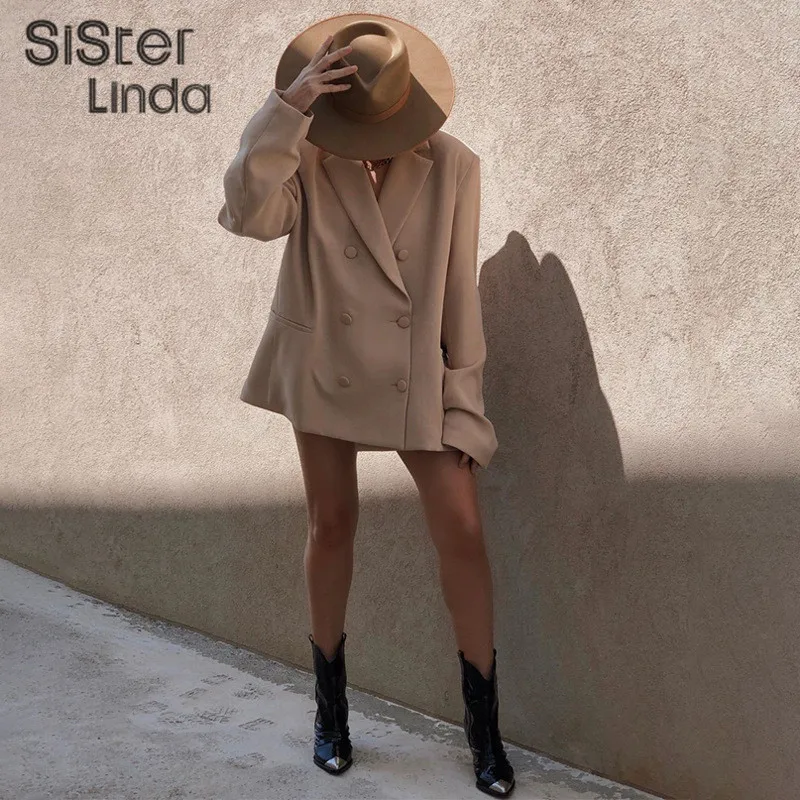 Sisterlinda, однотонный, простой, повседневный костюм, длинное пальто и куртка, женские топы, длинный рукав, двубортный пиджак, Mujer,, осень, зима