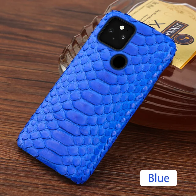 Phone Case For Google Pixel 6 Pro 6 5 5A Pixel 4 Pixel 4A Genuine Python Leather Snakeskins Shockproof Protective Cover Shell Blue