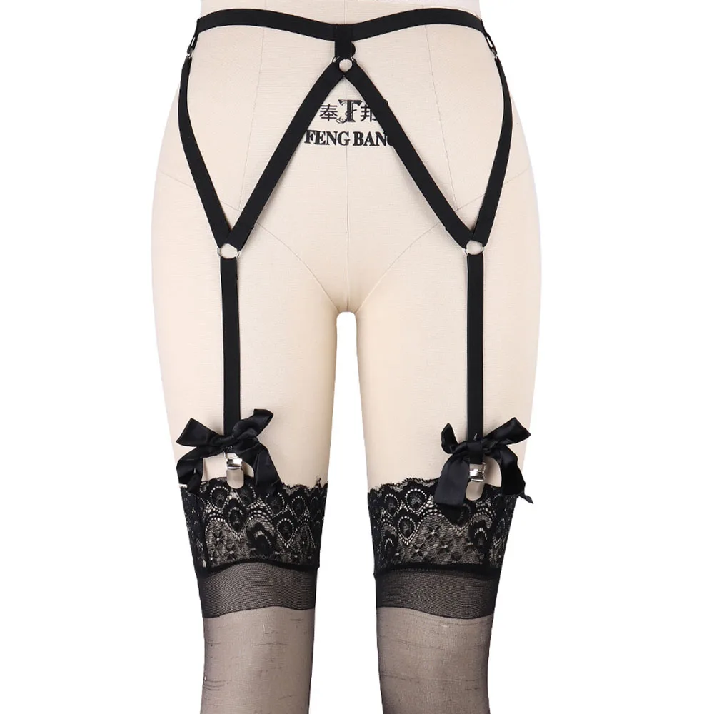 

Black Bow Bondage Stockings Garter Belt Body Harness Gothic Fetish Leg Harness Sexy Lingerie Thigh Women High Garter Belt