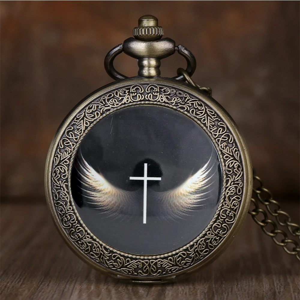 Vintage Angel Wing Pocket Watch With Chain Necklace Women Men Quartz