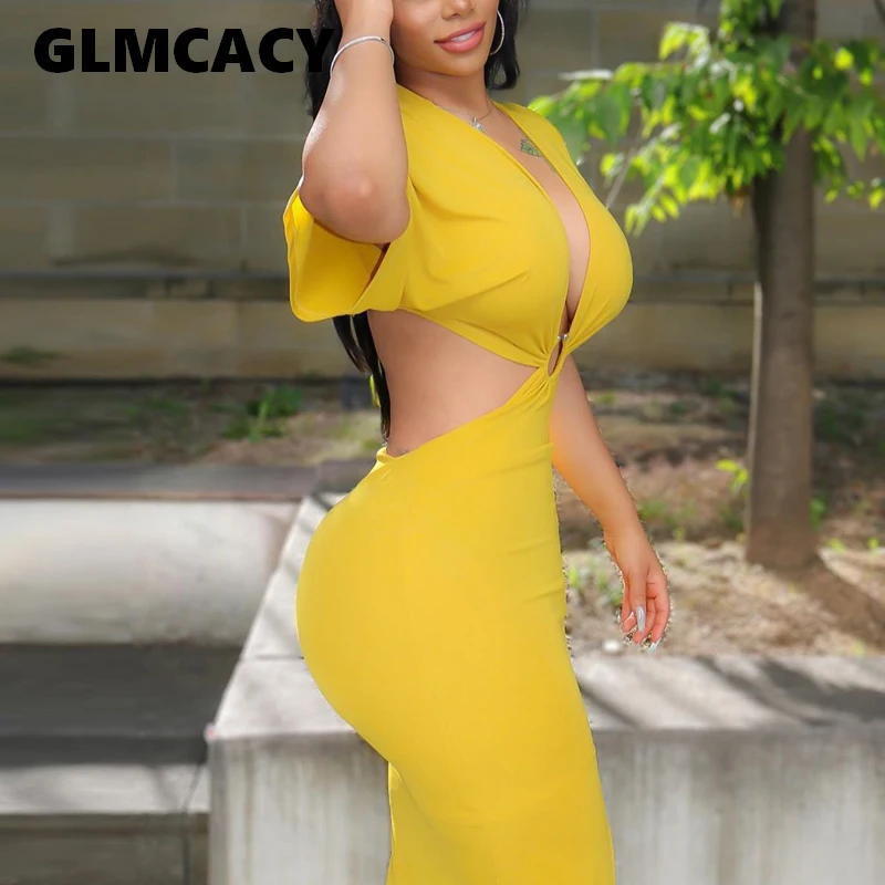 

Women Sexy V Neck Solid Bodycon Dress Summer Fall Backless Slinky Club Parrty Dress Elegant Evening Gown Vestidos