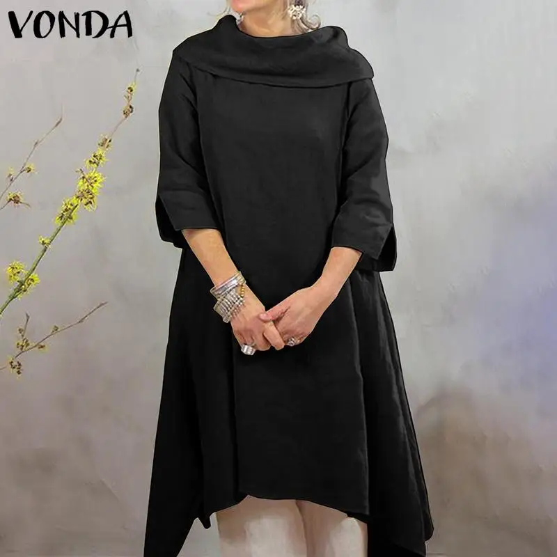 VONDA, осеннее платье миди, женское хлопковое длинное платье, одноцветное, с рукавом до локтя, повседневные, свободные, вечерние, Vestidos размера плюс, Robe Femme S-5XL