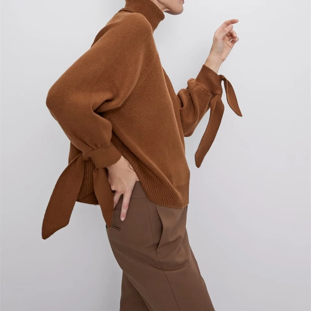 Осенняя и зимняя женская одежда, модный тонкий свитер с высоким воротником и длинными рукавами, вязаная блузка с бантом-бабочкой