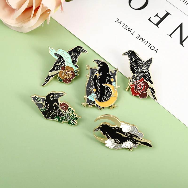 Crow Raven Enamel Pin Custom Bird Feather Moon Flowers Brooches Bag Lapel Pin Punk Badge Gothic Jewelry Gift for Friends images - 6