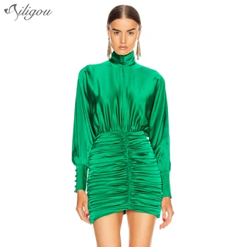 

Ailigou Free Shipping 2020 Green Dress Elegant Dangled Design Turtleneck Bodycon Vestidos Sexy Celebrity Party Satin Mini Dress