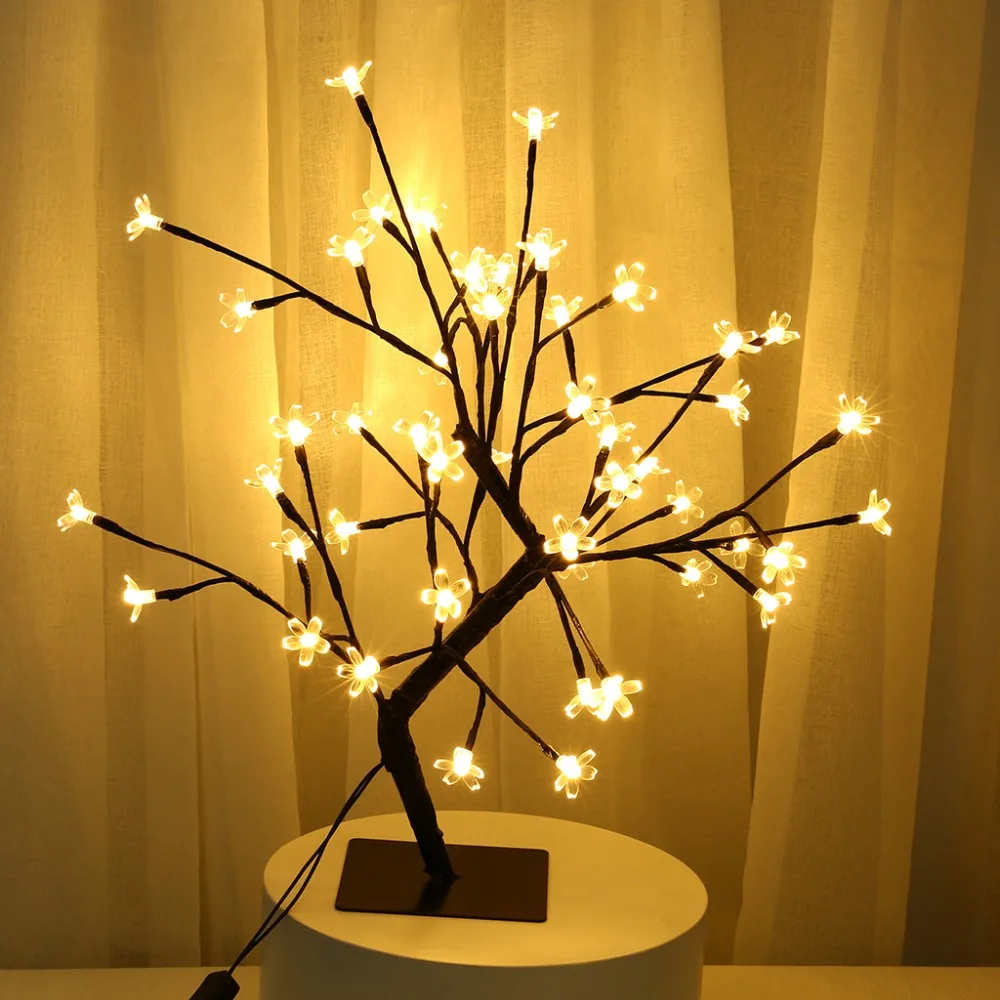 48 LED EU Plug 3D Table-Lamp Copper wire Christmas Cherry Plum Blossom Tree Night Light for Home Indoor Bar Decor Fairy Light