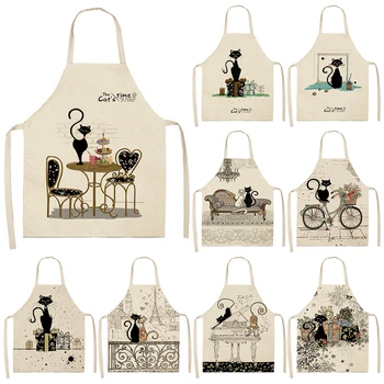 

Black White Cat Letter Kitchen Aprons For Women Cotton Linen Bibs Household Cleaning Pinafore Home Cooking Apron 53*65cm WQL0124