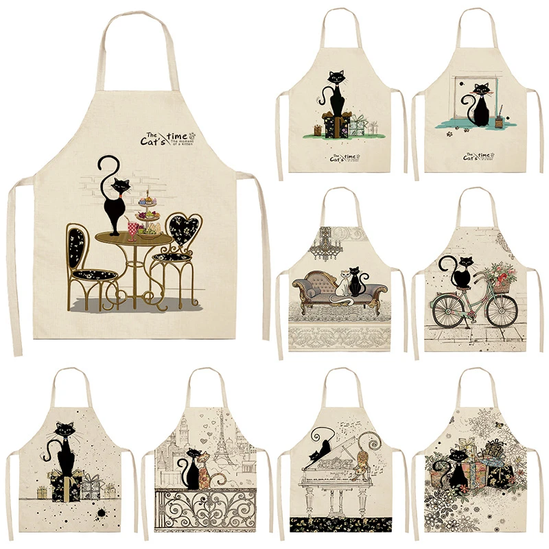 Black White Cat Letter Kitchen Aprons For Women Cotton Linen Bibs Household Cleaning Pinafore Home Cooking Apron 53*65cm WQL0124