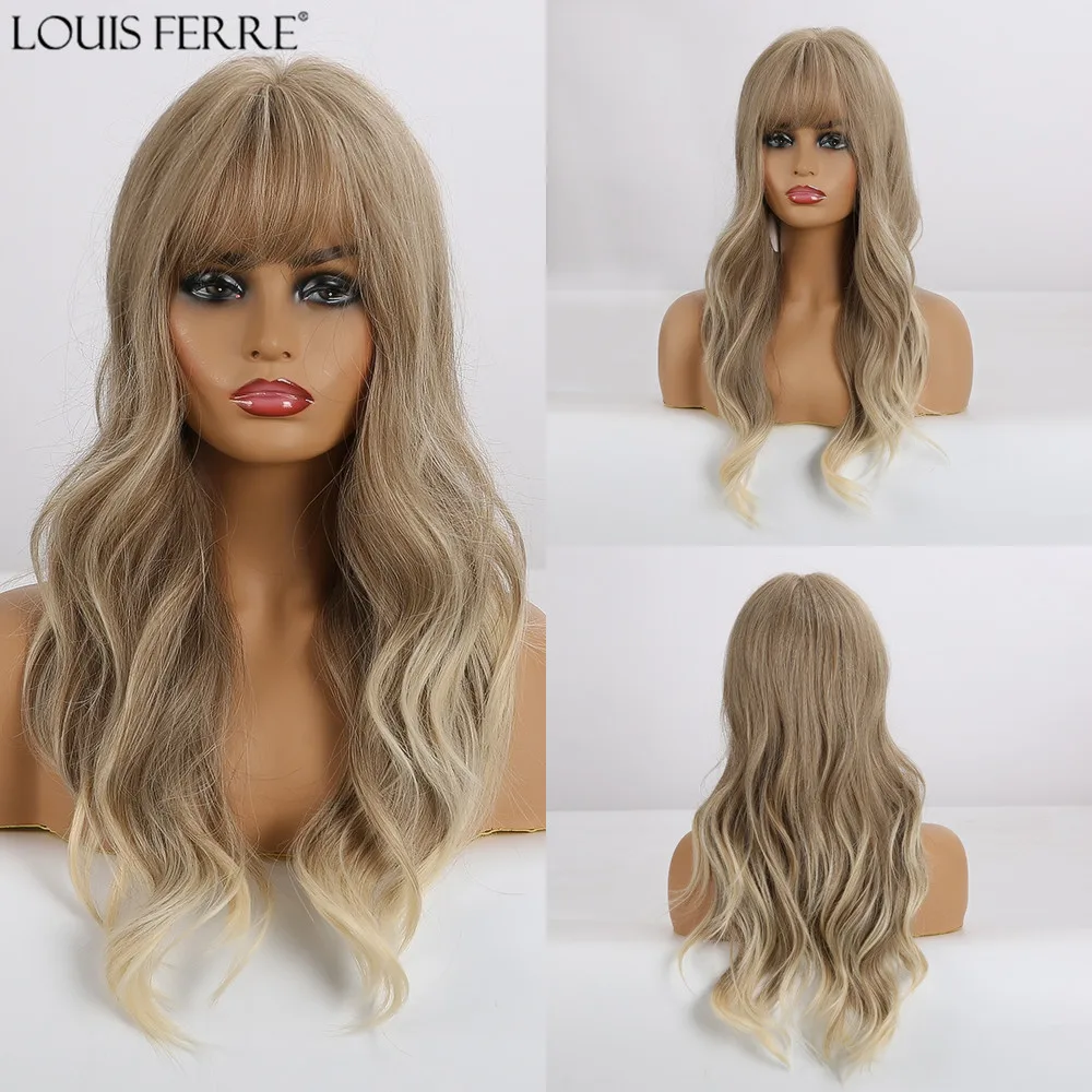 

LOUIS FERRE Long Ombre Light Brown Ash Blonde Wavy Wig Natural Synthetic Wig for Women Cosplay Heat Resistant Wig with Bangs