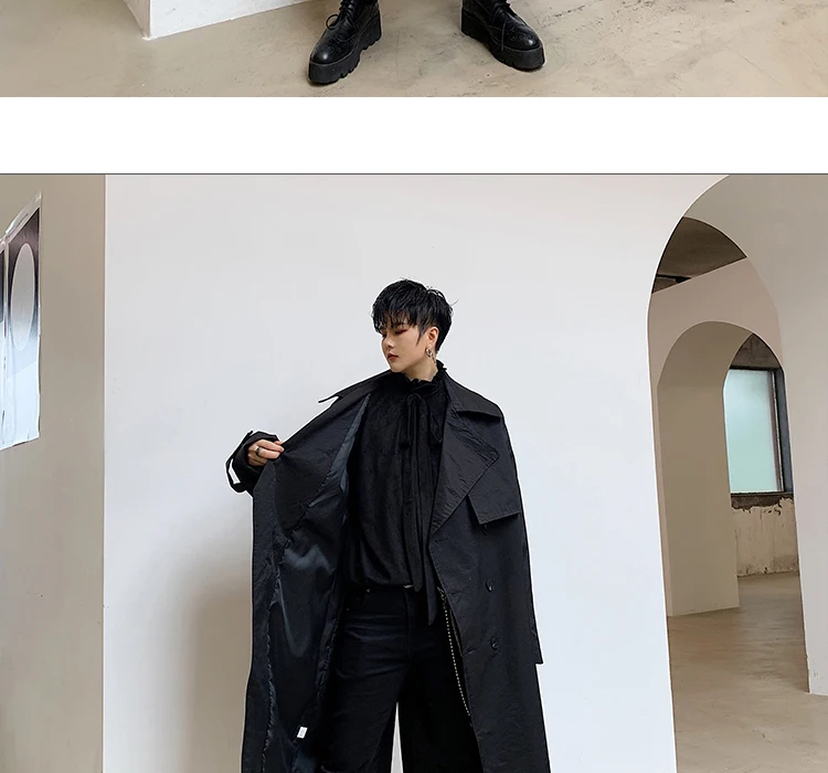 Men Overcoat Jacket Vintage Double Breasted Loose Casual Long Belt Trench Coat Male Streetwear Windbreaker